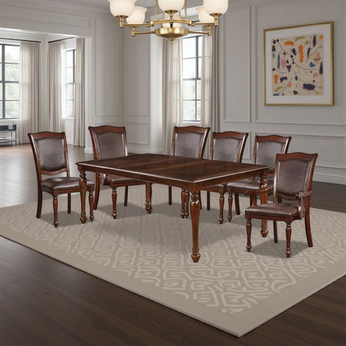 Veni 7pc Dining Table and Chair Set, Cherry Brown Wood, Faux Leather