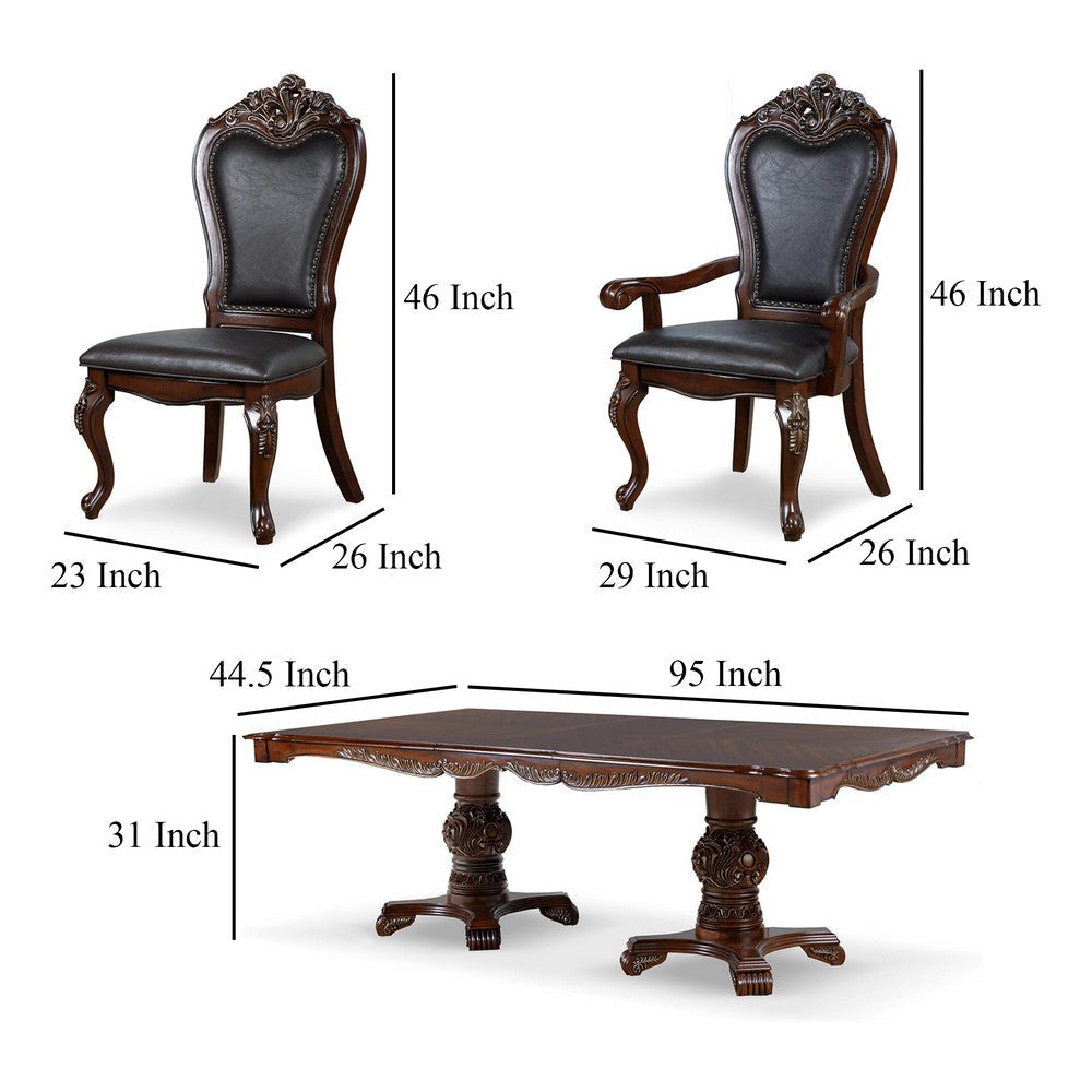 Zenie 7pc Dining Set Classy Cherry Brown Wood Table 6 Carved Chairs