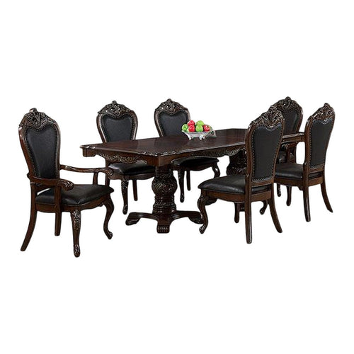 Zenie 7pc Dining Set, Classy Cherry Brown Wood Table, 6 Carved Chairs