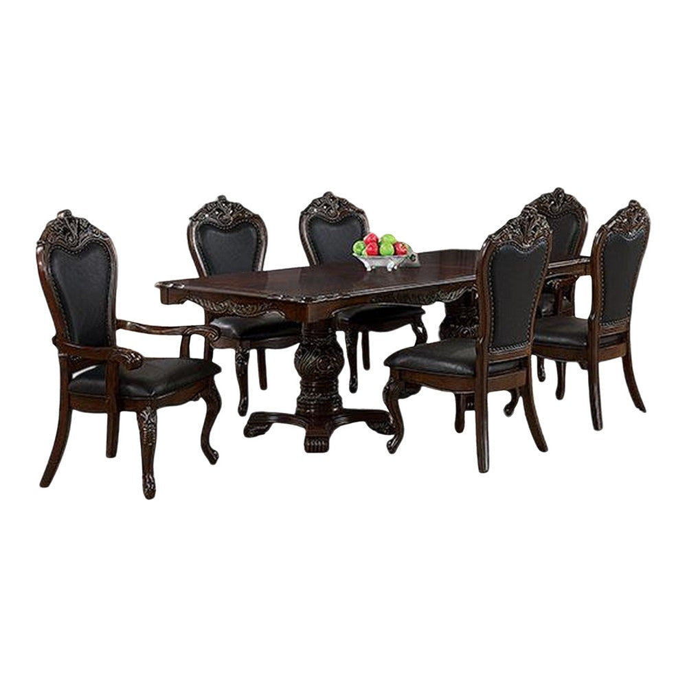 Zenie 7pc Dining Set, Classy Cherry Brown Wood Table, 6 Carved Chairs
