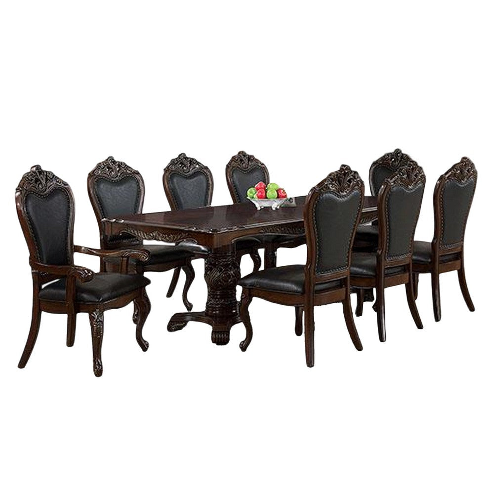 Zenie 9pc Dining Set, Classy Cherry Brown Wood Table, 8 Carved Chairs