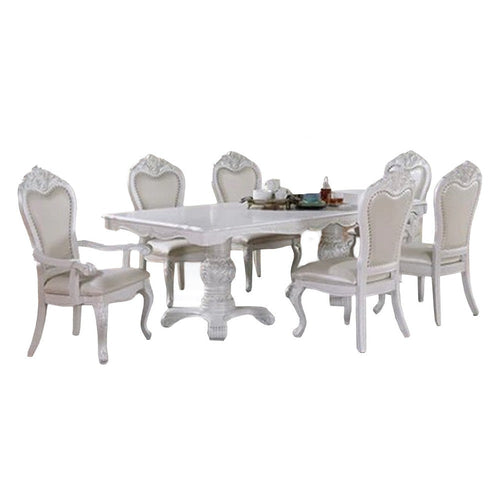 Zenie 7pc Dining Set, White Solid Wood Table, 6 Chairs, Faux Leather