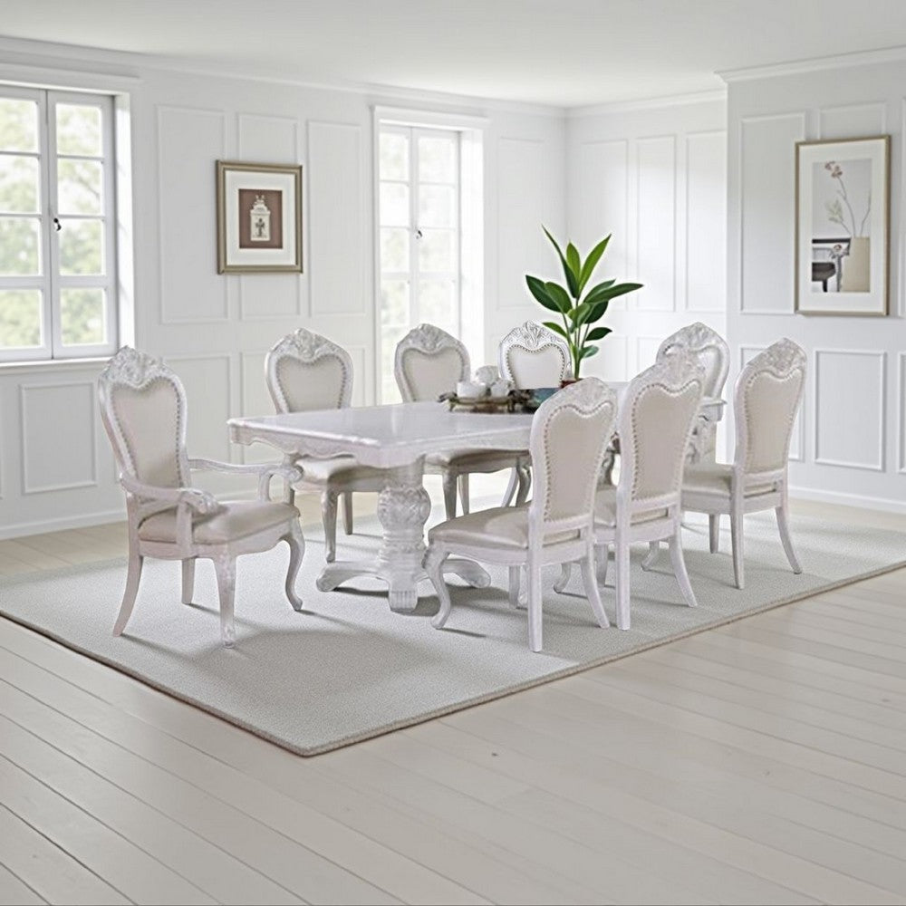 Zenie 9pc Dining Set, Classy White Wood Table, 8 Chairs, Faux Leather