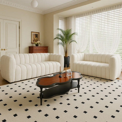 Hery Sofa and Loveseat Set, White Boucle, Vertical Channel Tufting