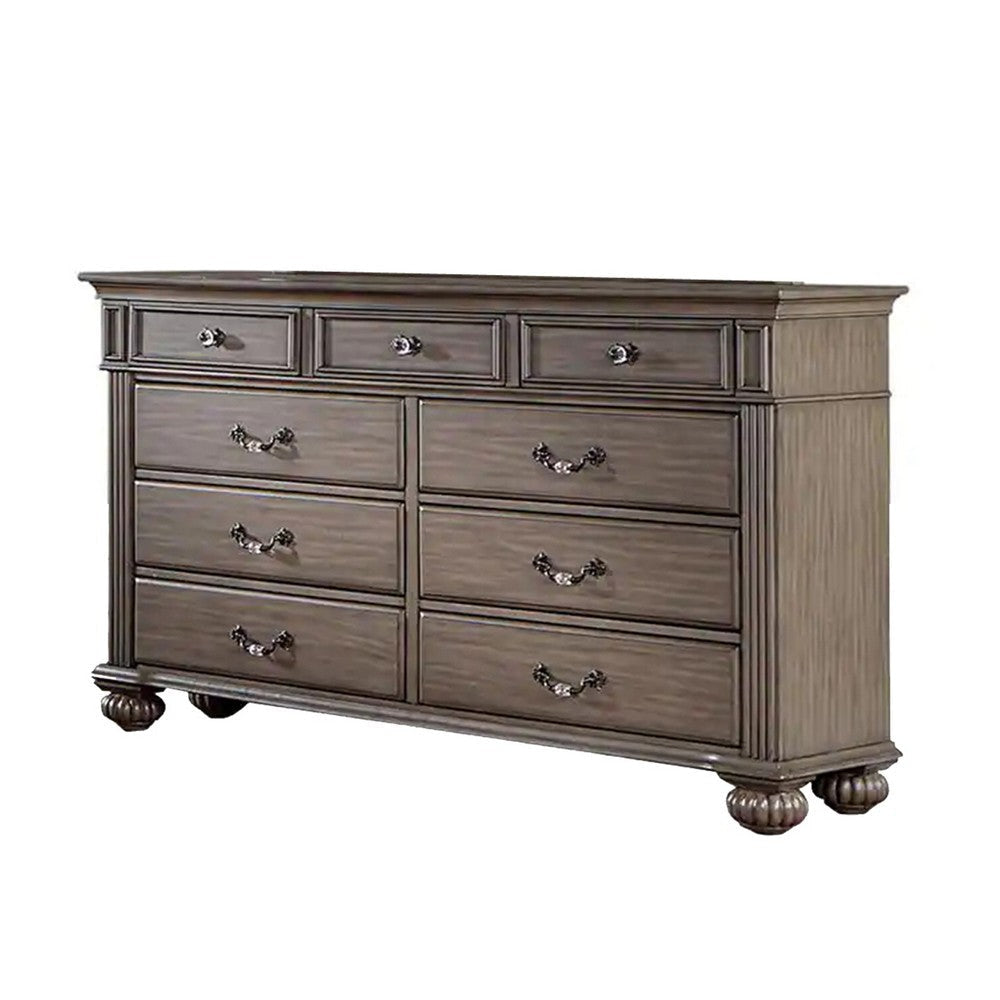 Recus Wide Dresser 9 Drawers with Brass Handles Gray Solid Wood BM332564