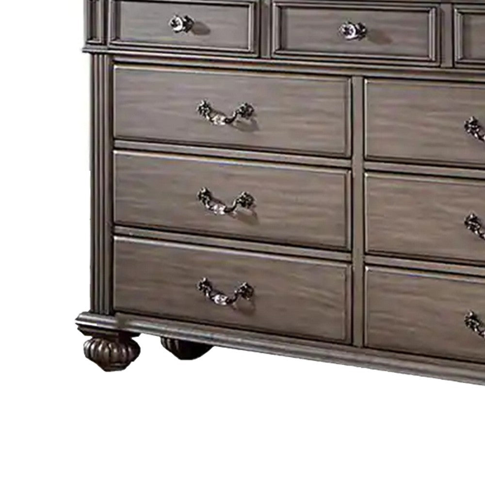 Recus Wide Dresser 9 Drawers with Brass Handles Gray Solid Wood BM332564