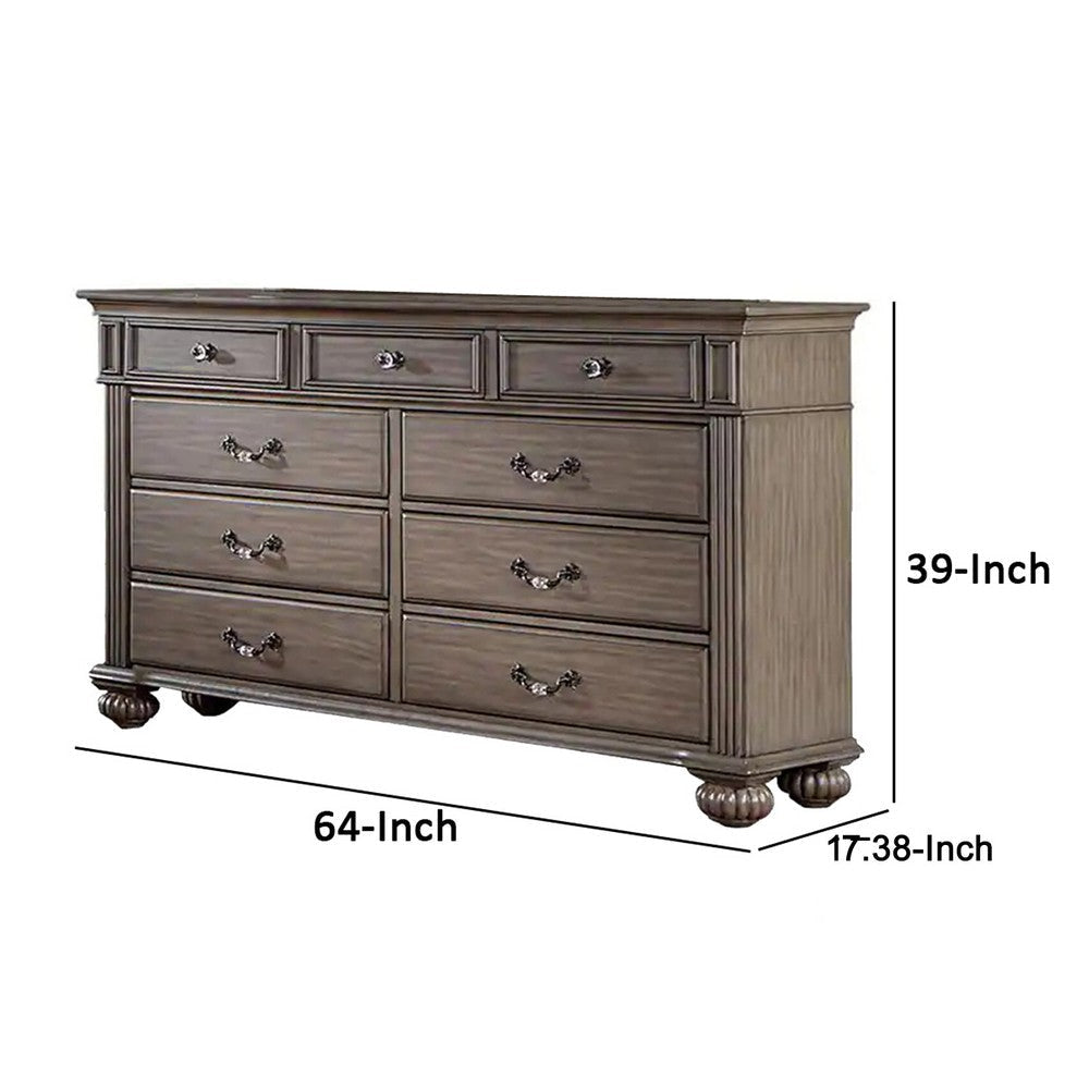 Recus Wide Dresser 9 Drawers with Brass Handles Gray Solid Wood BM332564
