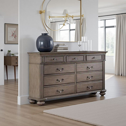 Recus Wide Dresser, 9 Drawers with Brass Handles, Gray Solid Wood