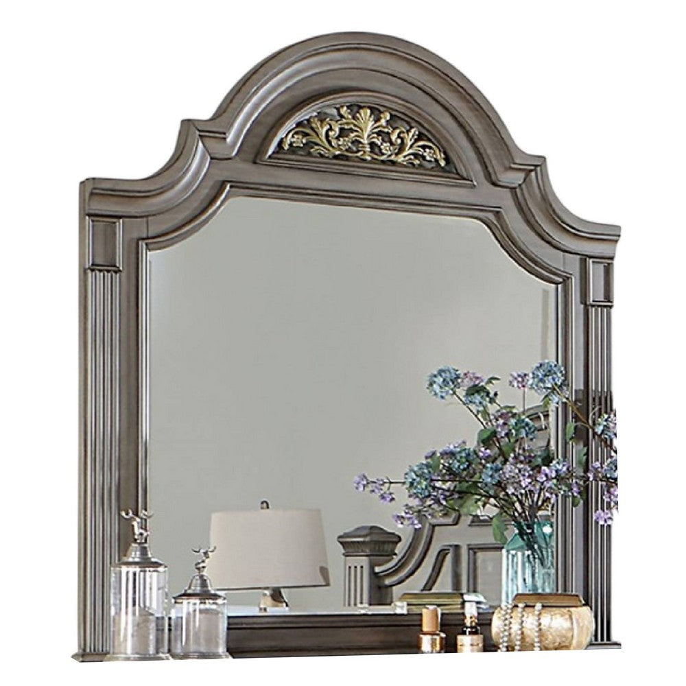 Recus Dresser Mirror, 49 Inch Floral Arched Shape, Gray Solid Wood