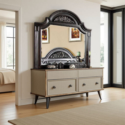 Recus Dresser Mirror, 49 Inch Carved Floral Walnut Brown Solid Wood