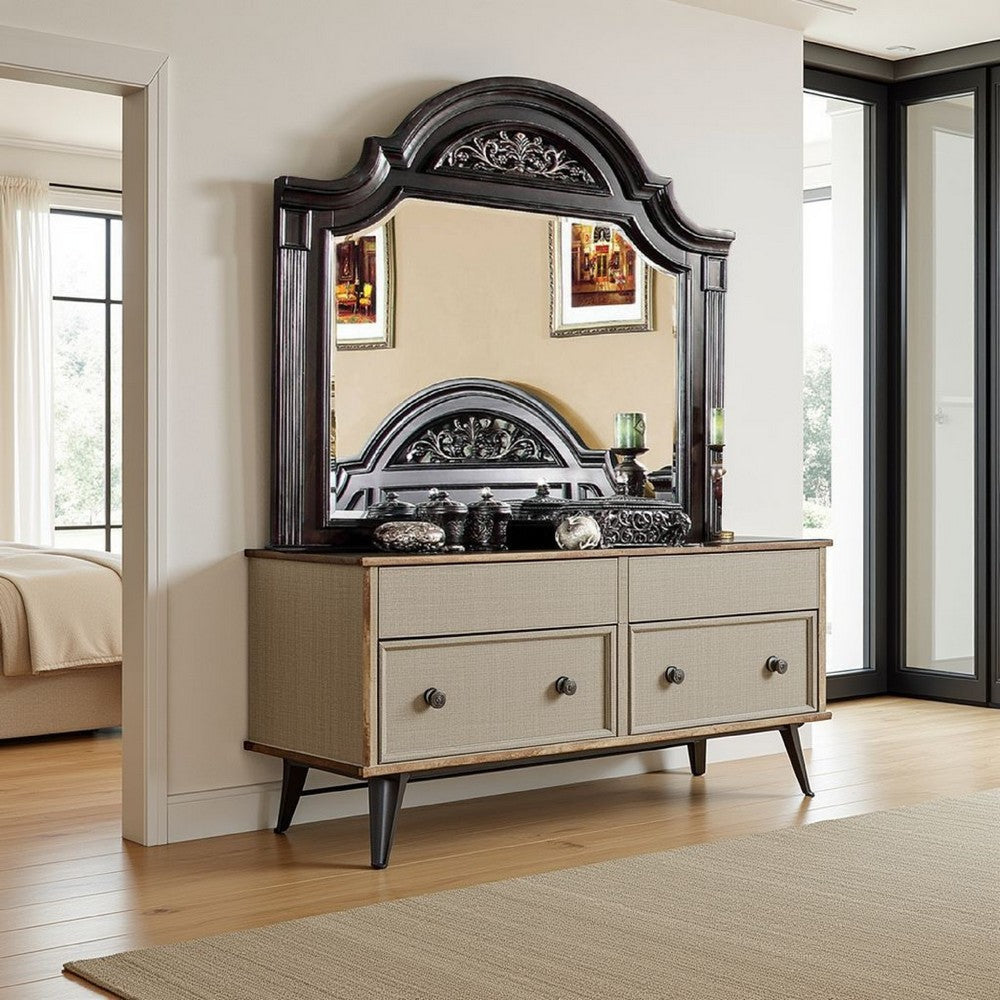 Recus Dresser Mirror, 49 Inch Carved Floral Walnut Brown Solid Wood