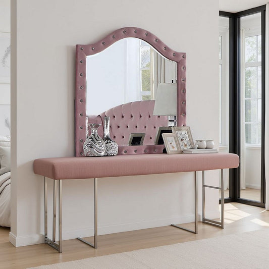 Zoha Dresser Mirror, Crystal Tuft Pink Flannelette Upholstery 41 Inch