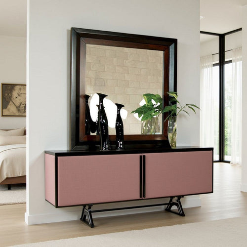 Nera Dresser Mirror, 38 Inch Dark Walnut Brown and Black Solid Wood