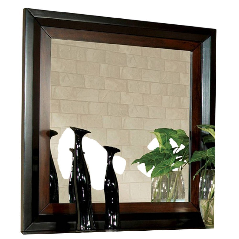 Nera Dresser Mirror, 38 Inch Dark Walnut Brown and Black Solid Wood