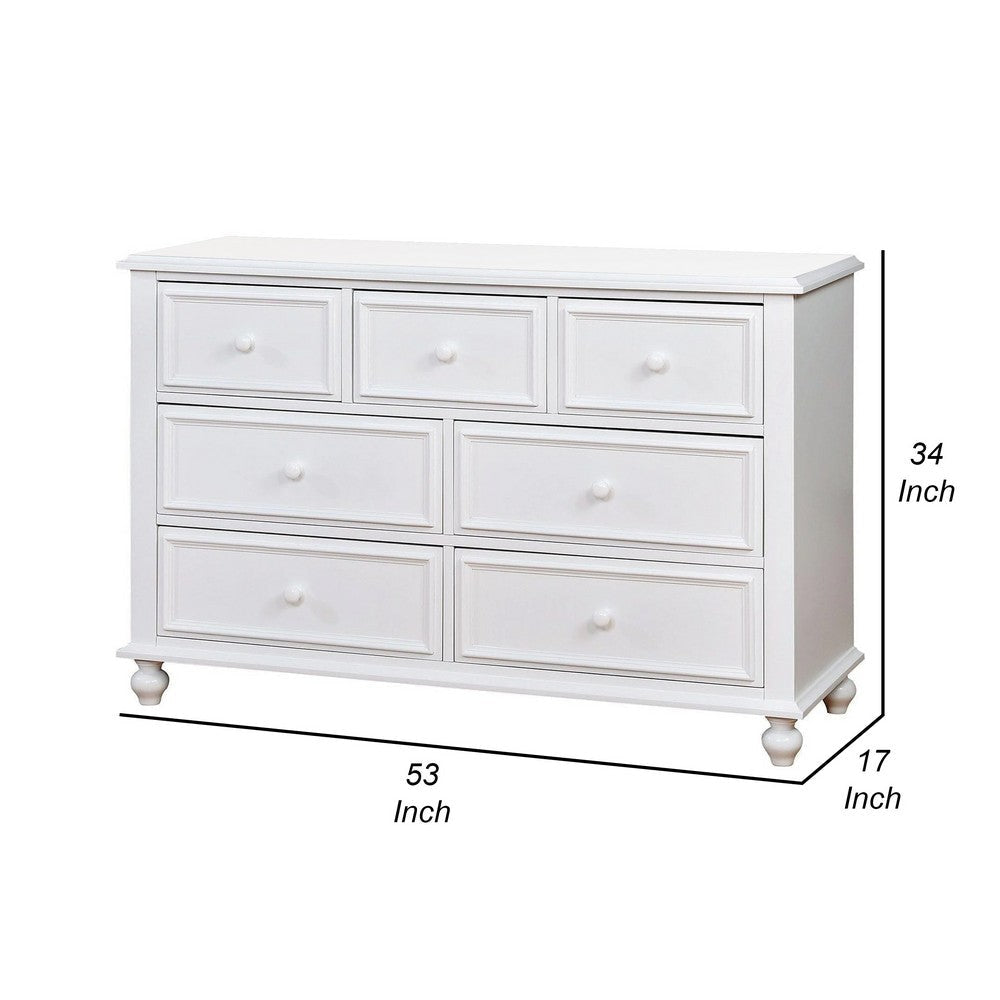 Kny Wide Dresser 7 Drawers Turned Feet Traditional White Solid Wood BM332569