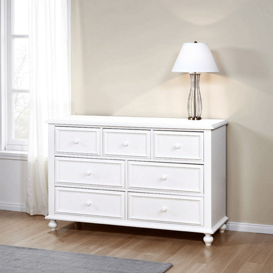 Kny Wide Dresser, 7 Drawers, Turned Feet, Traditional White Solid Wood