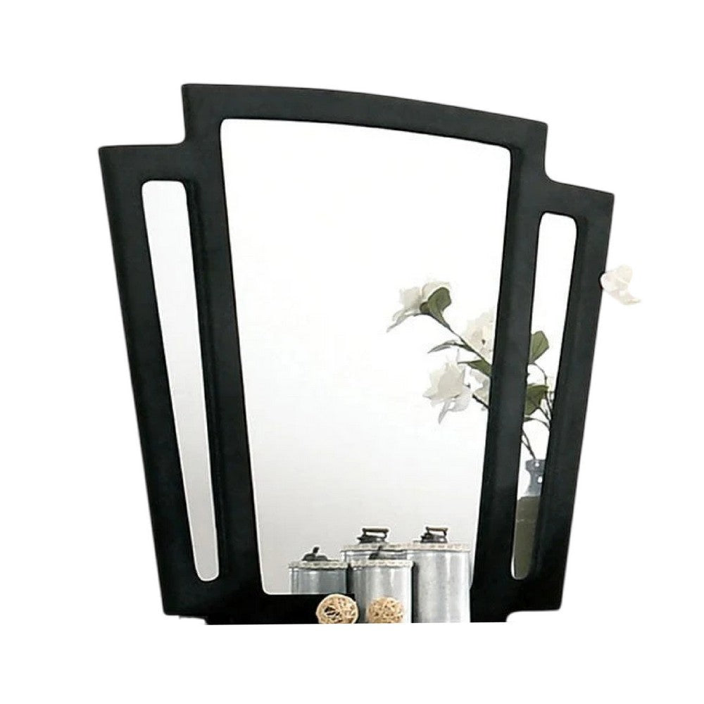Ino Dresser Mirror, 44 Inch Black Fabric Upholstered 3 Panel Frame