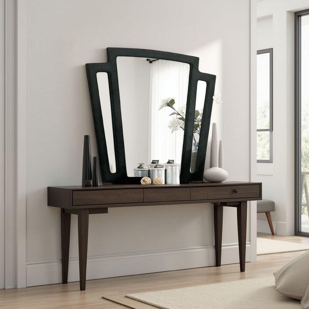 Ino Dresser Mirror, 44 Inch Black Fabric Upholstered 3 Panel Frame