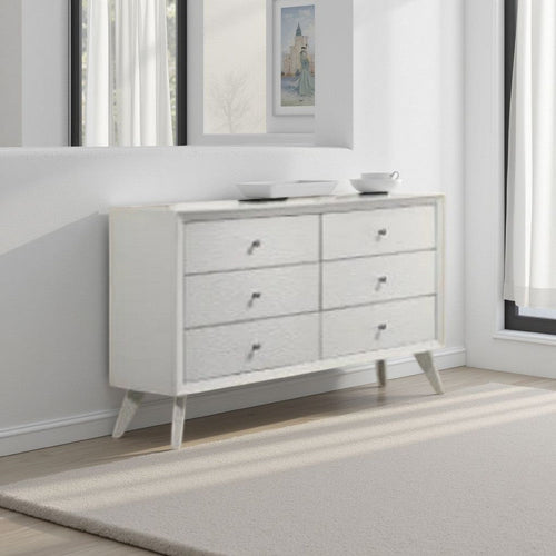 Tory Wide Dresser, 6 Drawers w Bronze Knobs, Textured White Wood