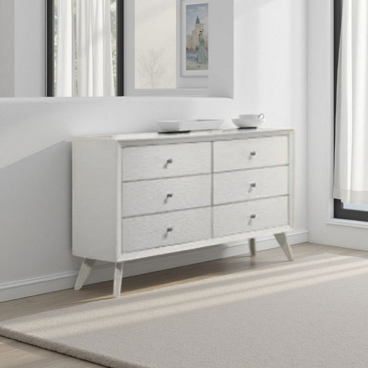 Tory Wide Dresser, 6 Drawers w Bronze Knobs, Textured White Wood
