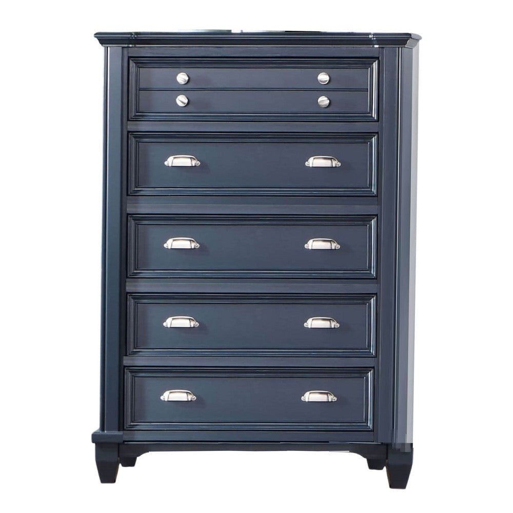 Zeny Tall Dresser Chest, 5 Drawers, Nickel Handles, Slate Blue Wood