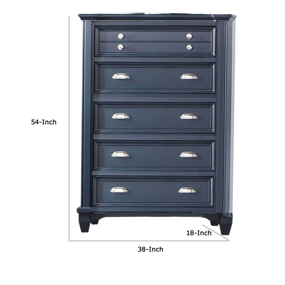 Zeny Tall Dresser Chest 5 Drawers Nickel Handles Slate Blue Wood BM332578