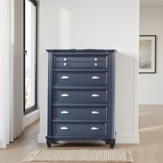 Zeny Tall Dresser Chest, 5 Drawers, Nickel Handles, Slate Blue Wood