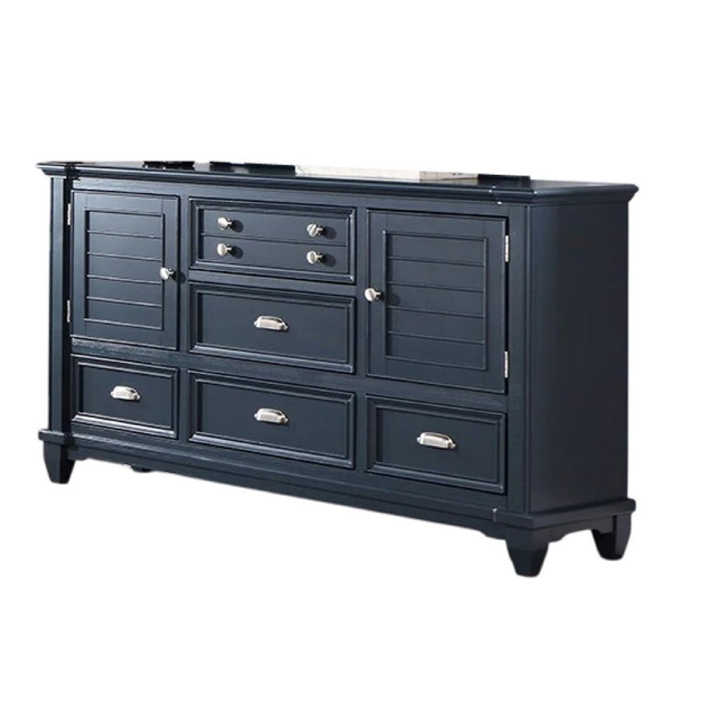 Zeny Wide Dresser 5 Drawers 2 Door Cabinets Slate Blue Solid Wood BM332579