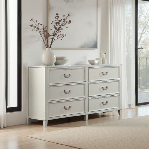 Roly Wide Dresser with 6 Drawers, Chrome Hanging Handles, Gray Wood