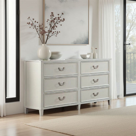 Roly Wide Dresser with 6 Drawers, Chrome Hanging Handles, Gray Wood
