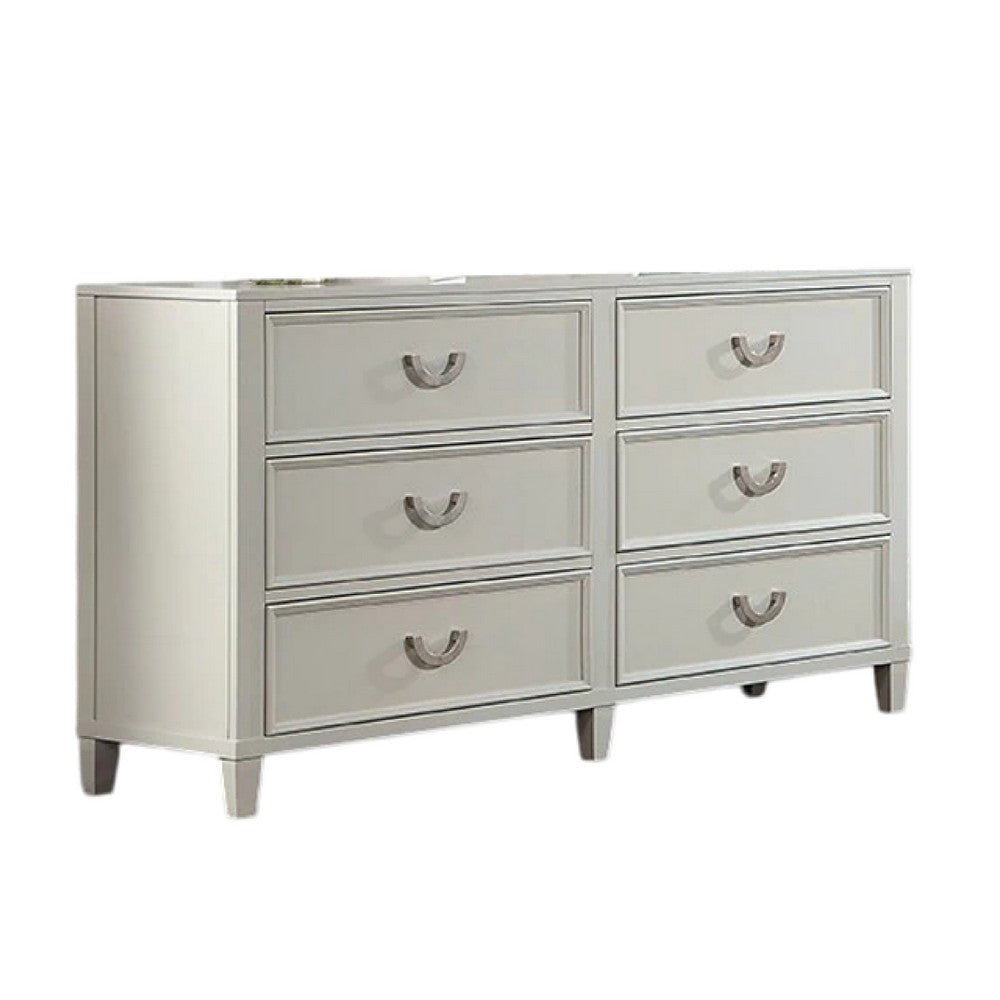 Roly Wide Dresser with 6 Drawers, Chrome Hanging Handles, Gray Wood