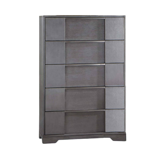 Levice Tall Dresser Chest, 5 Drawers, Nickel Finger Handles, Gray Wood