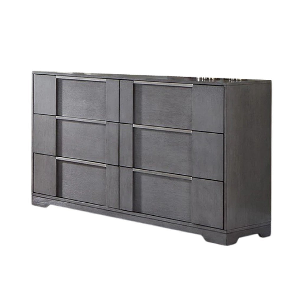 Levice Wide Dresser 6 Drawers Nickel Finger Handles Gray Wood BM332588