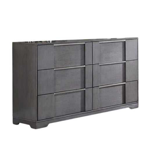 Levice Wide Dresser, 6 Drawers, Nickel Finger Handles, Gray Wood