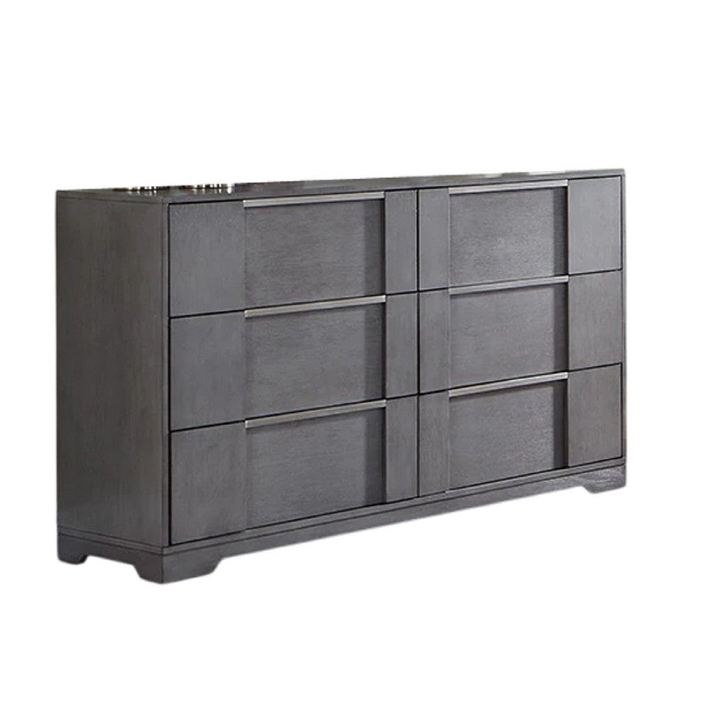 Levice Wide Dresser, 6 Drawers, Nickel Finger Handles, Gray Wood