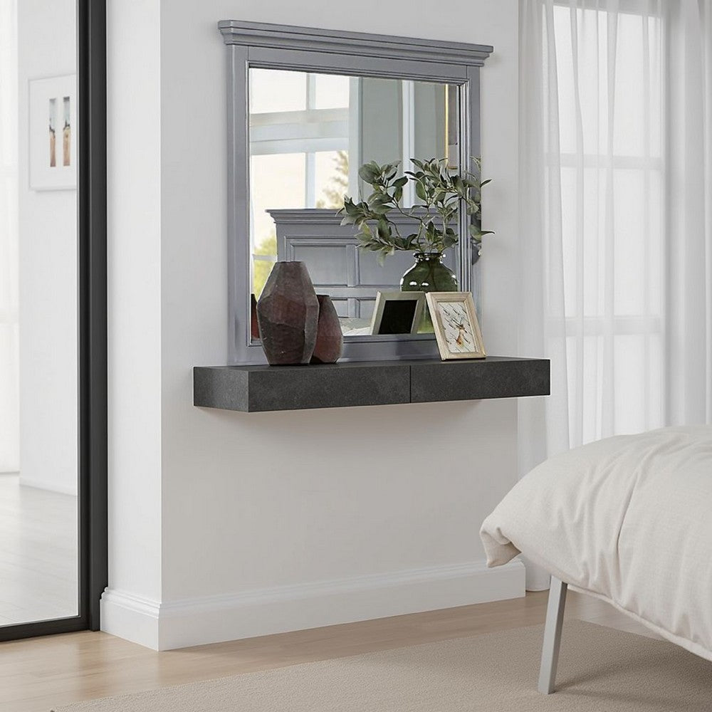 Lile Dresser Mirror w Crown Molding Frame, 42 Inch Gray Solid Wood
