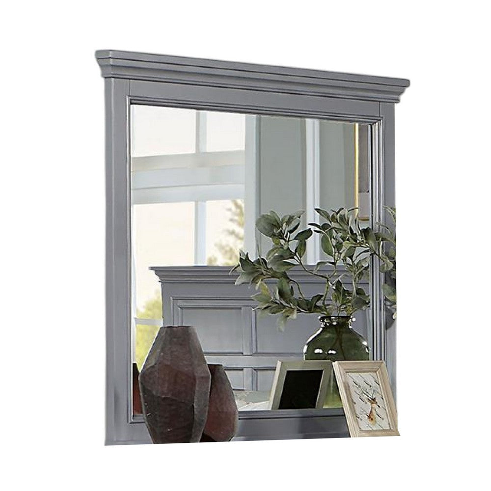 Lile Dresser Mirror w Crown Molding Frame, 42 Inch Gray Solid Wood