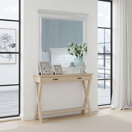 Lile Dresser Mirror w Crown Molding Frame, 42 Inch White Solid Wood