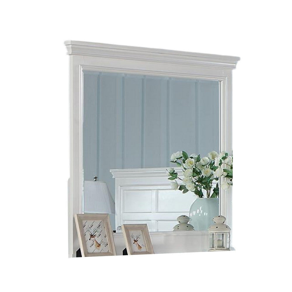 Lile Dresser Mirror w Crown Molding Frame, 42 Inch White Solid Wood