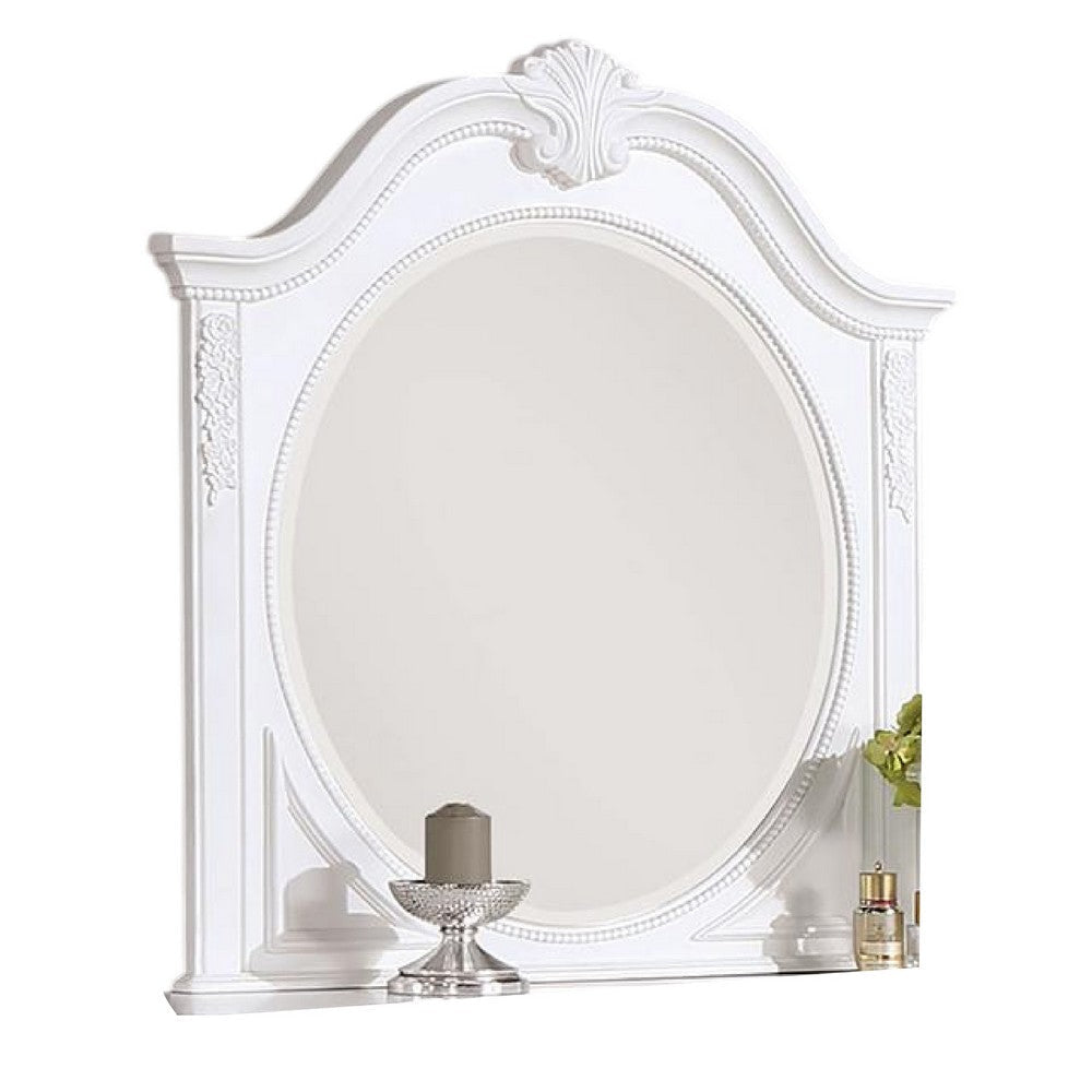 Aleci Dresser Mirror, 42 Inch Carved Frame, Classic White Solid Wood