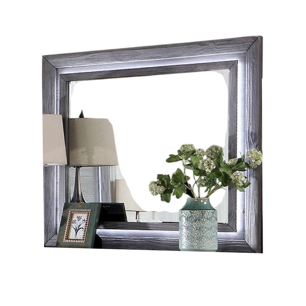Reno Dresser Mirror White LED Lights 46 Inch Gray Solid Wood Frame BM332599