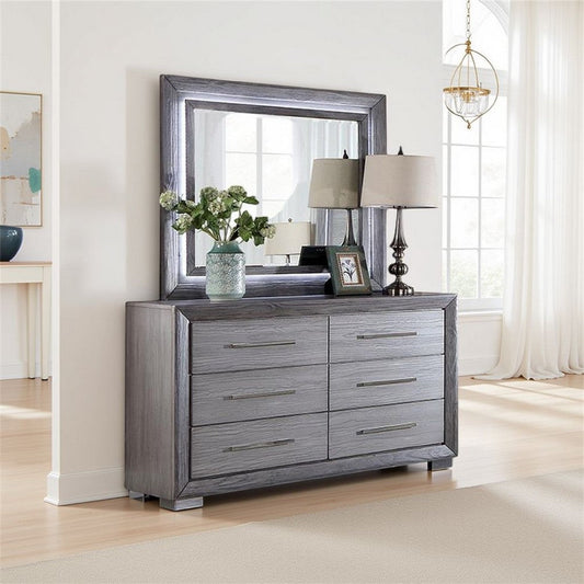 Reno Dresser Mirror, White LED Lights, 46 Inch Gray Solid Wood Frame