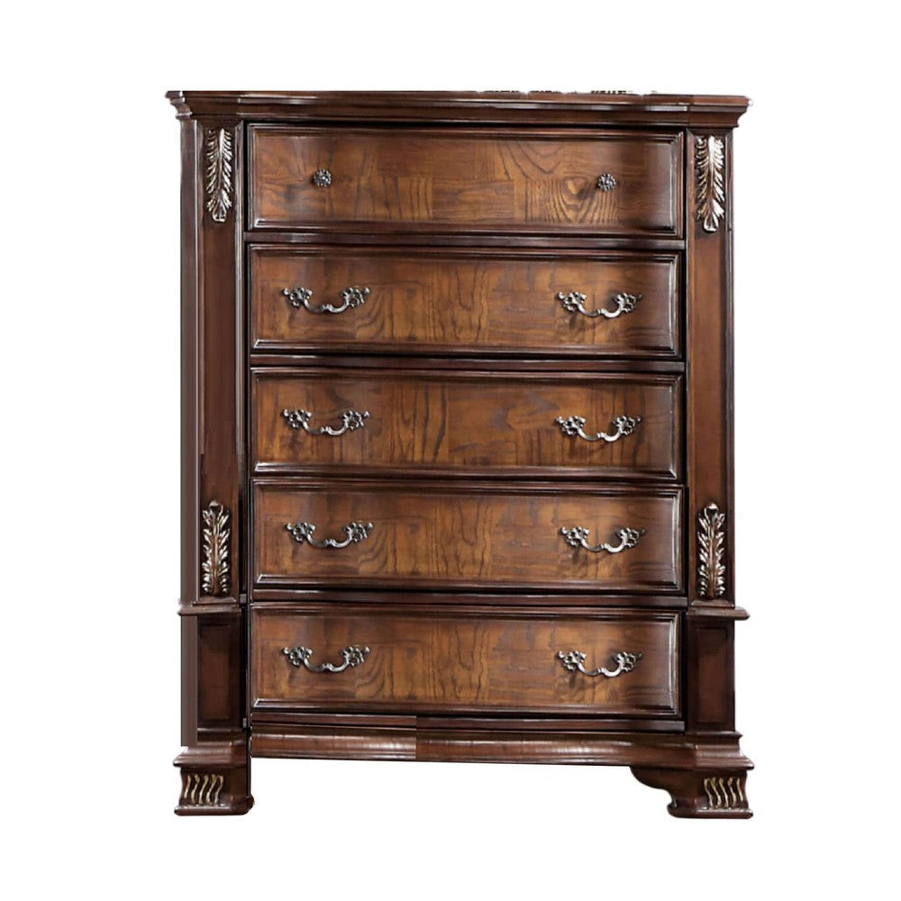 Prio Tall Dresser Chest 5 Drawers Classic Wood Carved Cherry Brown BM332600
