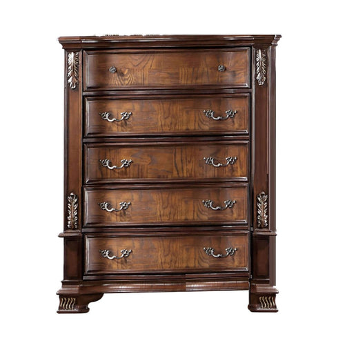 Prio Tall Dresser Chest, 5 Drawers, Classic Wood Carved, Cherry Brown