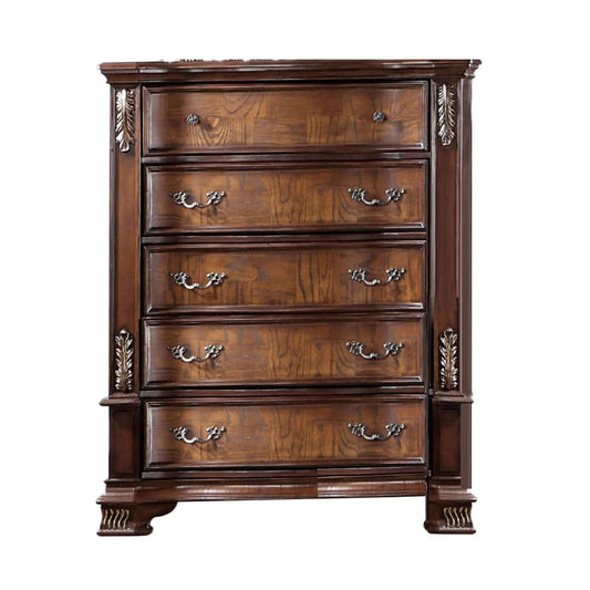 Prio Tall Dresser Chest, 5 Drawers, Classic Wood Carved, Cherry Brown