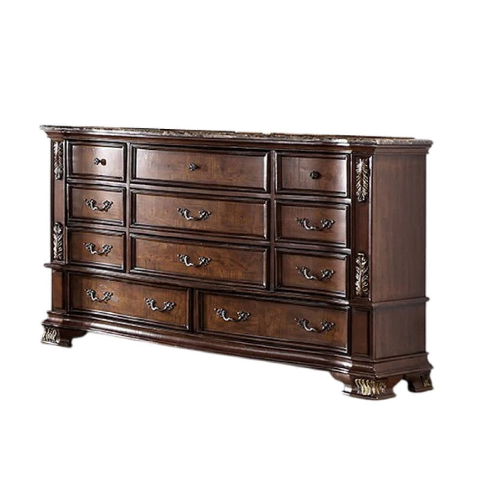 Prio Wide Dresser 11 Drawers Marble Top Carved Cherry Brown Wood BM332601
