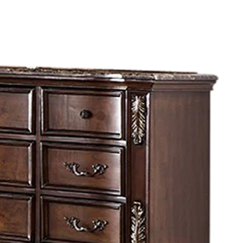 Prio Wide Dresser 11 Drawers Marble Top Carved Cherry Brown Wood BM332601