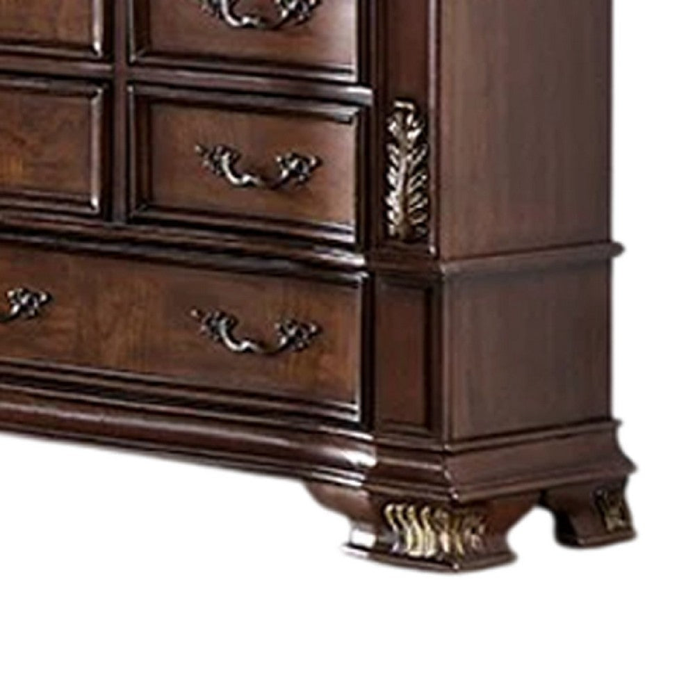 Prio Wide Dresser 11 Drawers Marble Top Carved Cherry Brown Wood BM332601