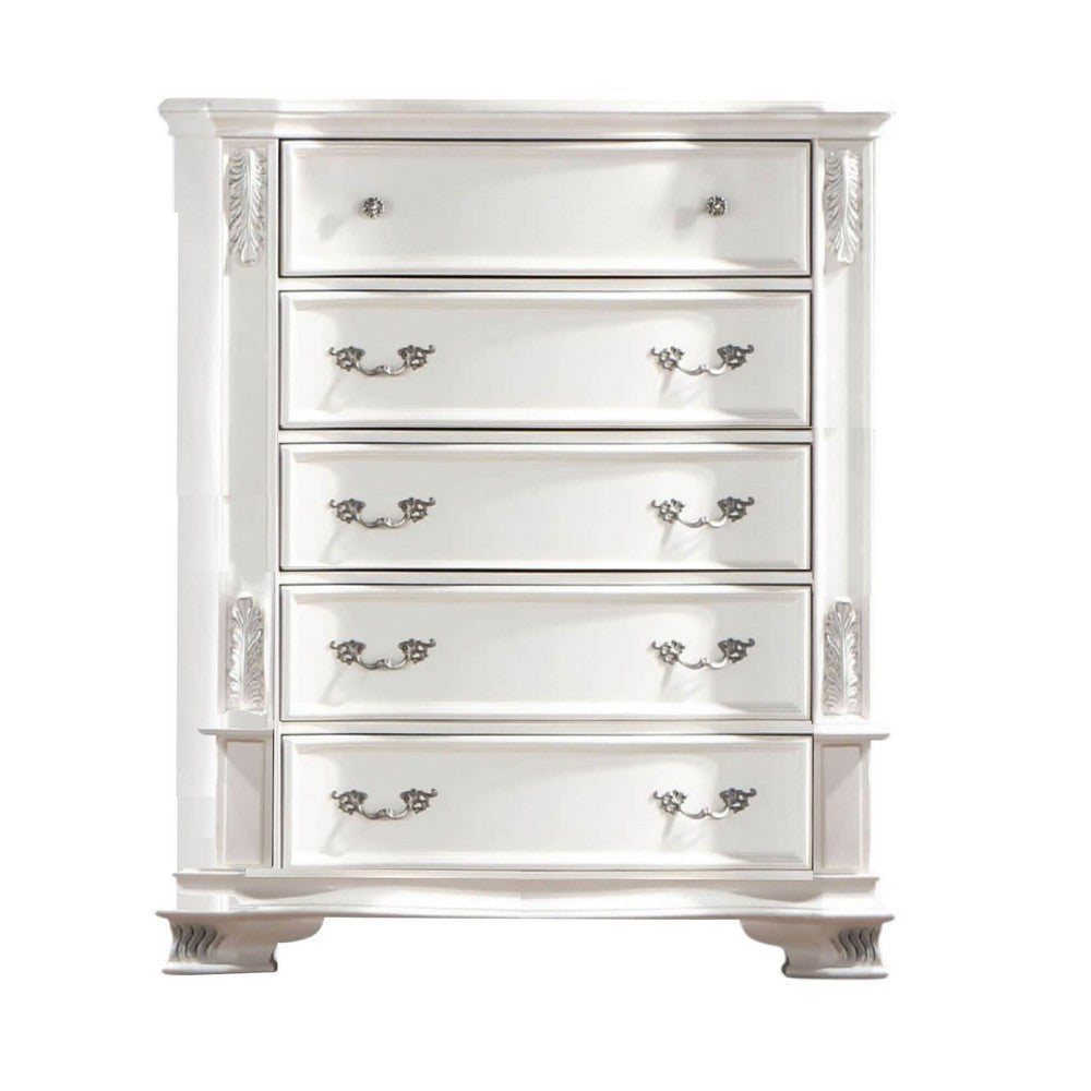 Prio Tall Dresser Chest 5 Drawers Classic Wood Carvings Pearl White BM332603