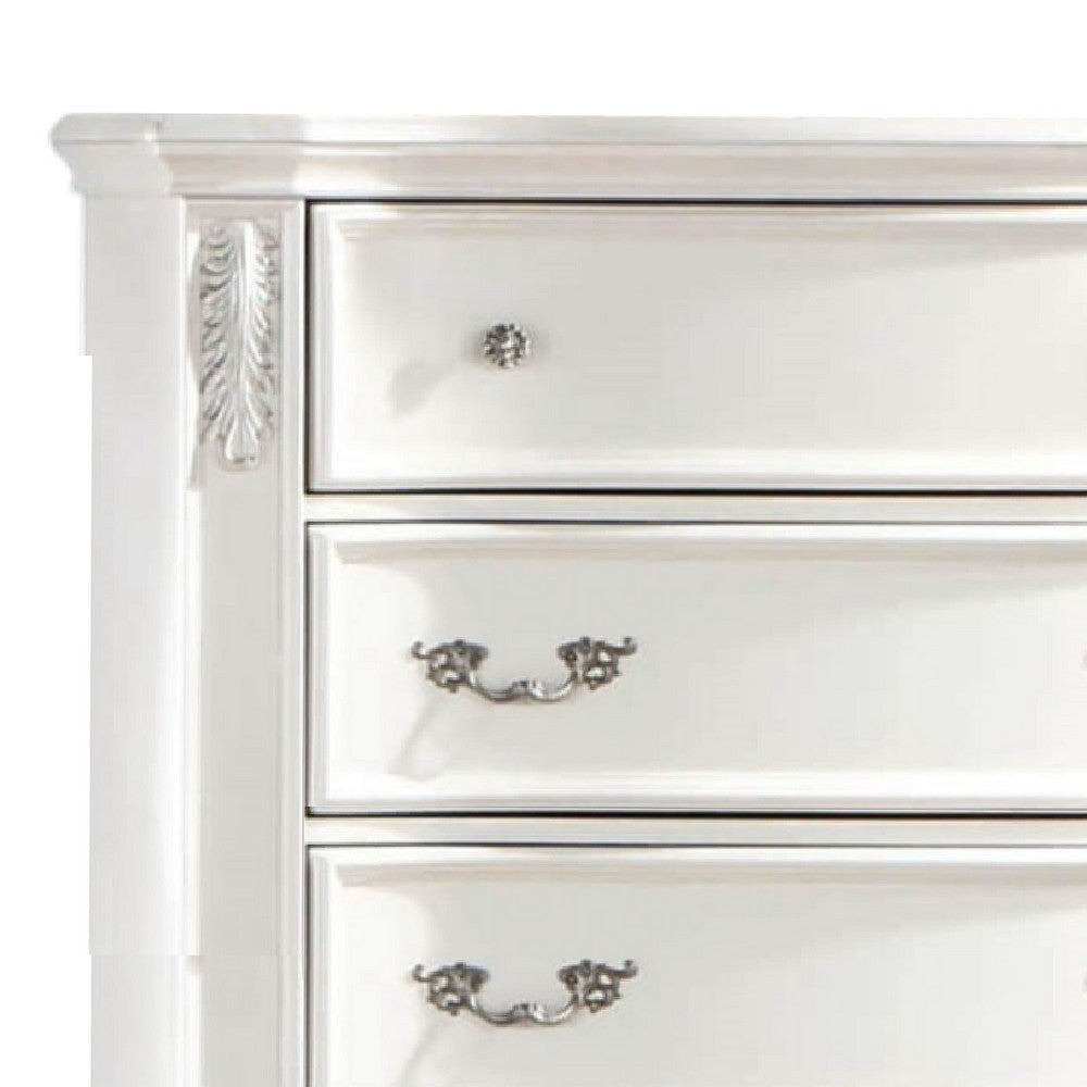 Prio Tall Dresser Chest 5 Drawers Classic Wood Carvings Pearl White BM332603